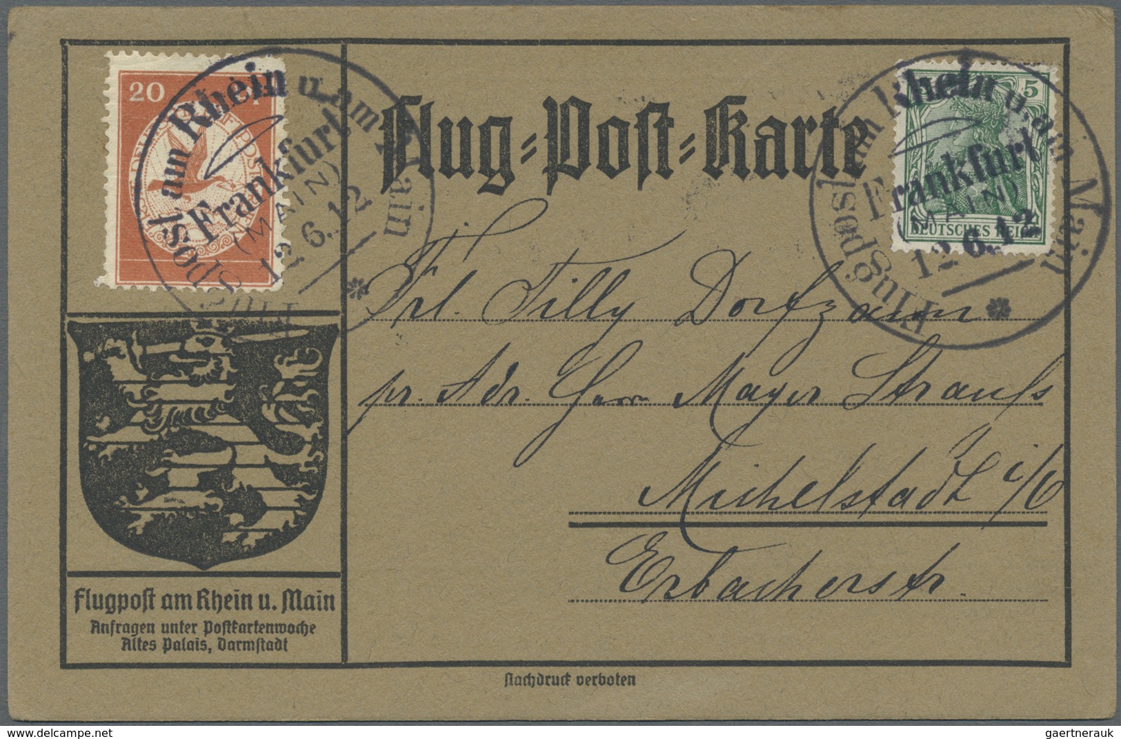 Br Deutsches Reich - Germania: 1912, Flugpost Rhein/Main, offizielle Flugpostkarten ab Frankfurt (Main)