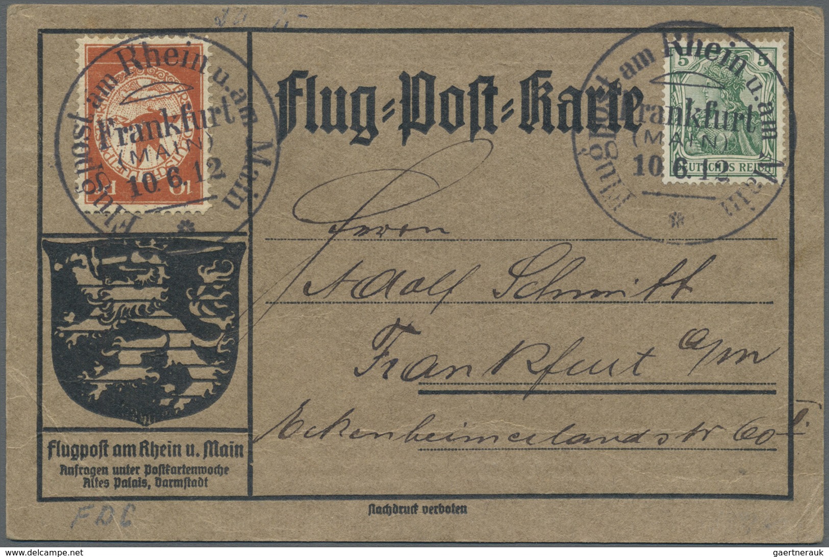 Br Deutsches Reich - Germania: 1912, Flugpost Rhein/Main, offizielle Flugpostkarten ab Frankfurt (Main)
