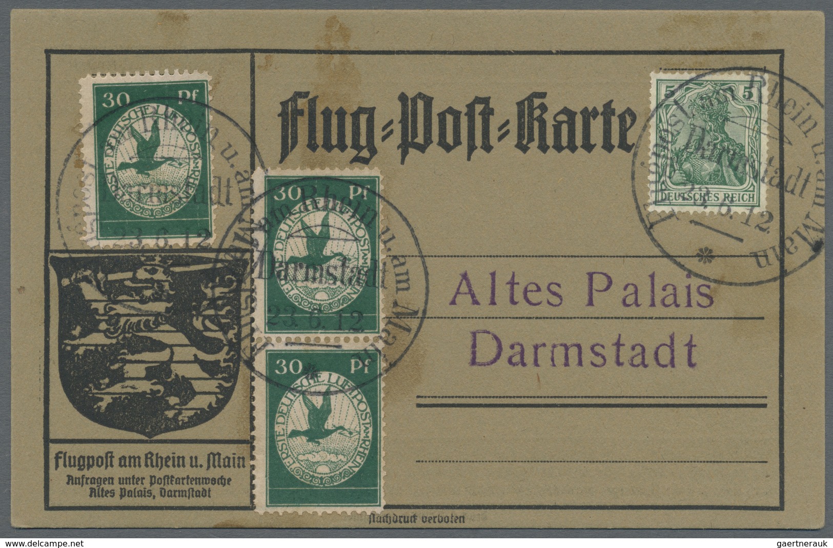 Br Deutsches Reich - Germania: 1912 (23.6.), Flugpostkarte 'Flugpost Am Rhein U. Main' Mit 3 X 30 Pf. G - Ungebraucht