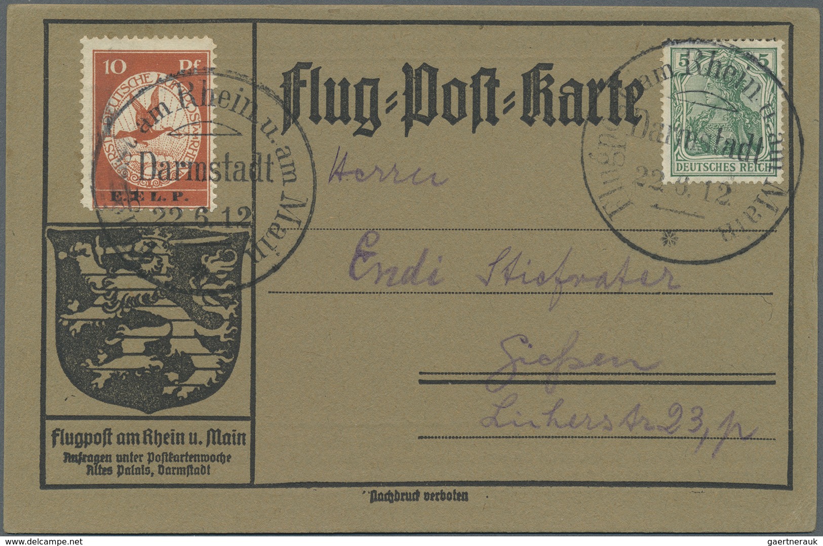 Deutsches Reich - Germania: 1912, Flugpostmarke 10 Pf. E.EL.P. Mit Zusatzfrankatur Auf Entsprechende - Neufs
