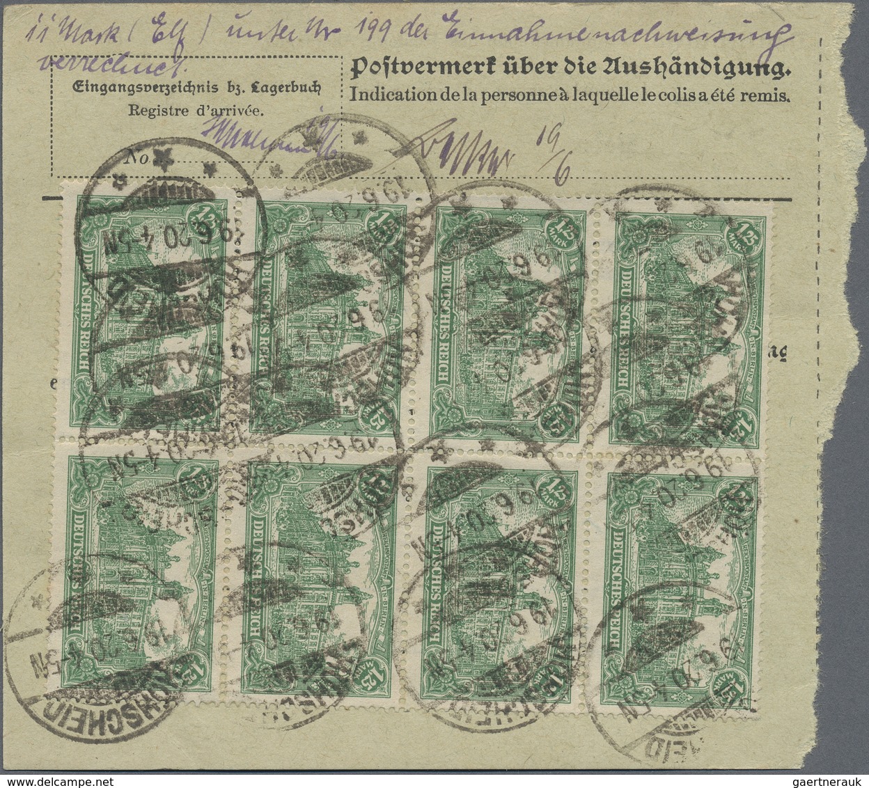 Br Deutsches Reich - Inflation: 1920, Paketkarte Mit Teilbarfrankatur Und Achterblock 1,25 M Reichspost - Lettres & Documents