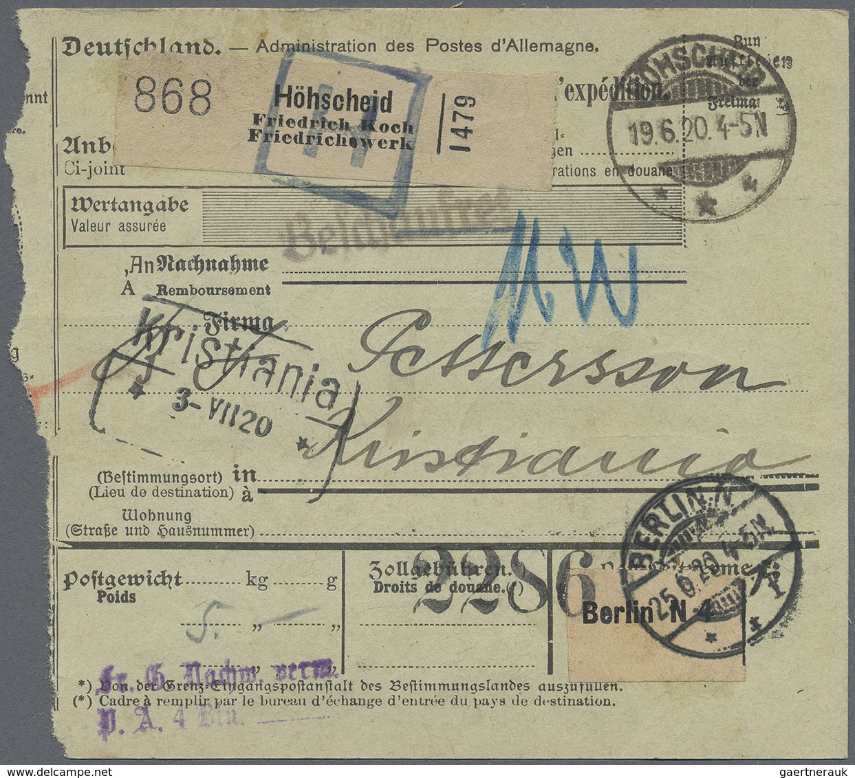 Br Deutsches Reich - Inflation: 1920, Paketkarte Mit Teilbarfrankatur Und Achterblock 1,25 M Reichspost - Lettres & Documents