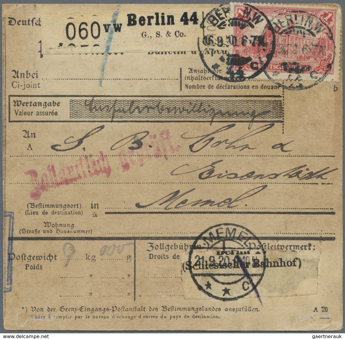 Br Deutsches Reich - Inflation: 1920, 1 M Dunkelrosa, 4 Stück Als MeF Auf Paketkarte Von Berlin W44, 16 - Lettres & Documents