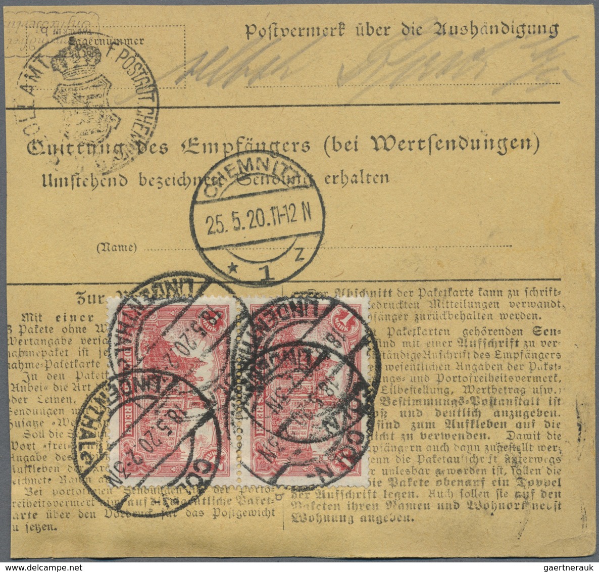 Br Deutsches Reich - Inflation: 1920, 1 M Dunkelrosa, 4 Stück Als MeF Auf Paketkarte Von Berlin W44, 16 - Lettres & Documents