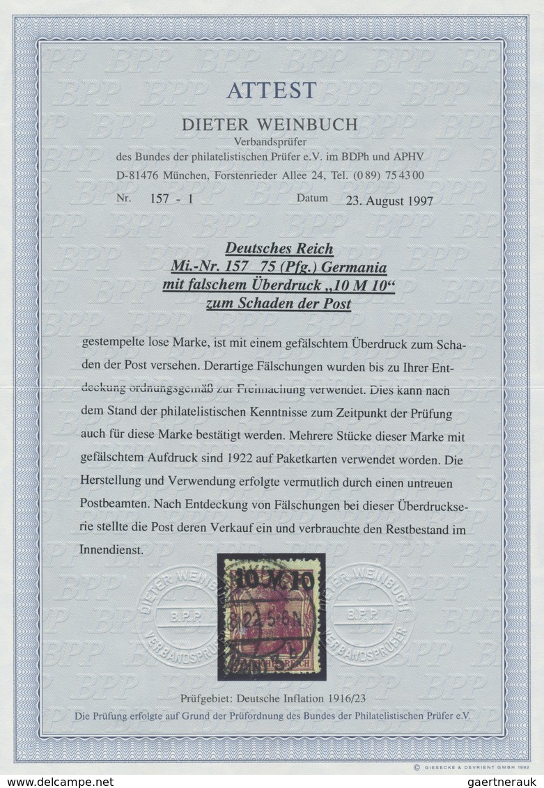 O Deutsches Reich - Inflation: 1920, 10 Mark Auf 75 Pf Germania Als AUFDRUCK-FÄLSCHUNG Zum Schaden Der - Storia Postale