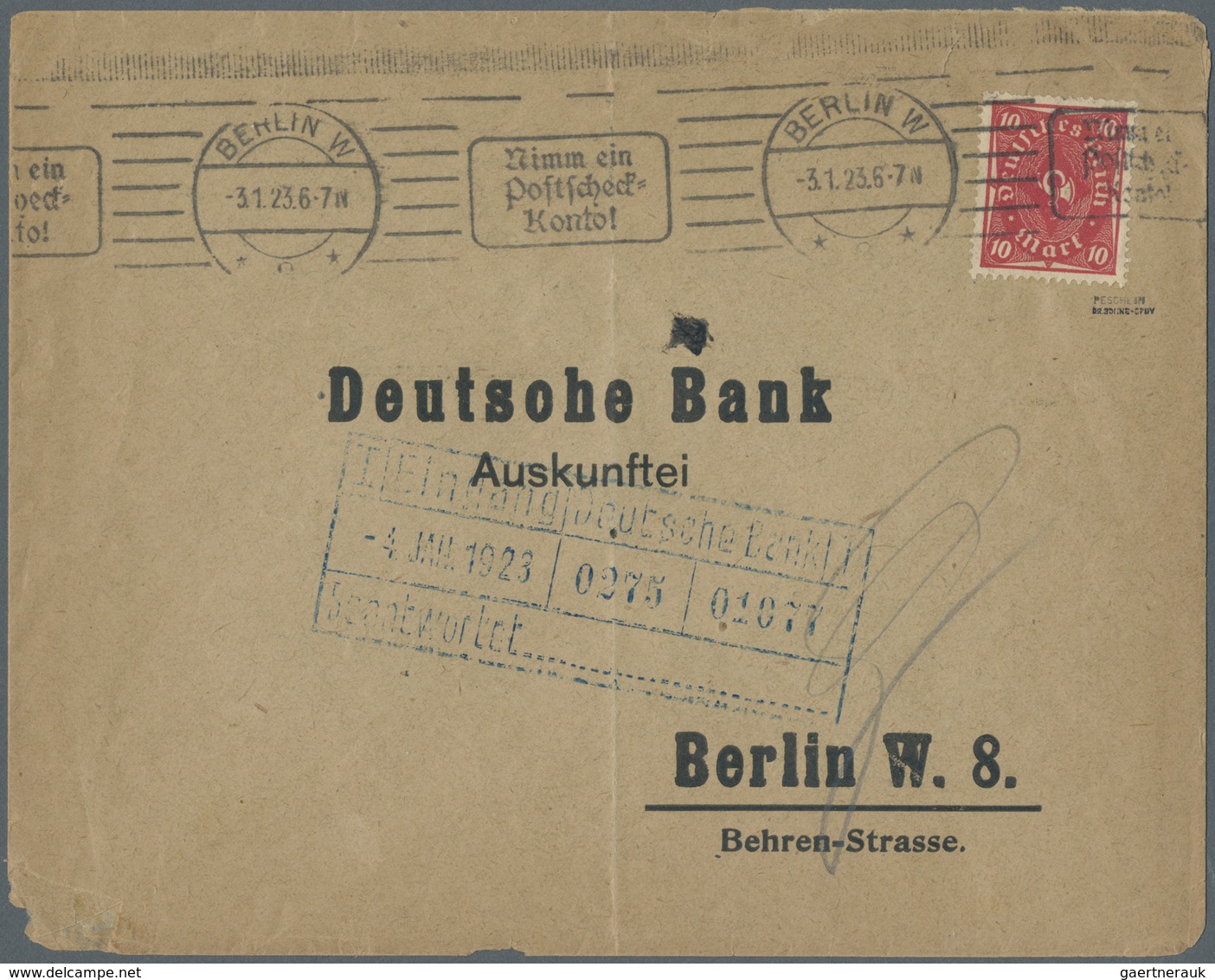 Br Deutsches Reich - Inflation: 1922, 10 M. Posthorn Ohne Sichtbarem Unterdruck Als Portogerechte Einze - Storia Postale