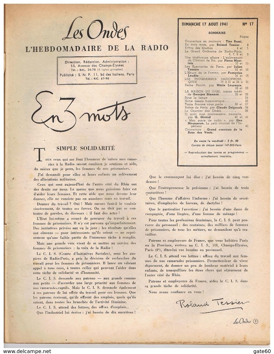 Les Ondes   Hebdomadaire De La Radio Radio Paris  Studio Harcourt  N°17 Dimanche 17 Aout 1941  Tino Rossi - Français