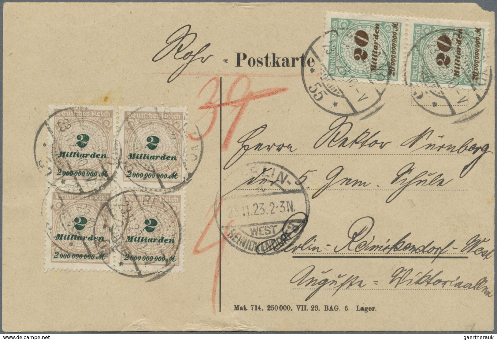 Br Deutsches Reich - Inflation: 1923, 4er-Block 2 Mrd Mark U. 2 X 20 Mrd Mark Korbdeckel, Portogerechte - Lettres & Documents