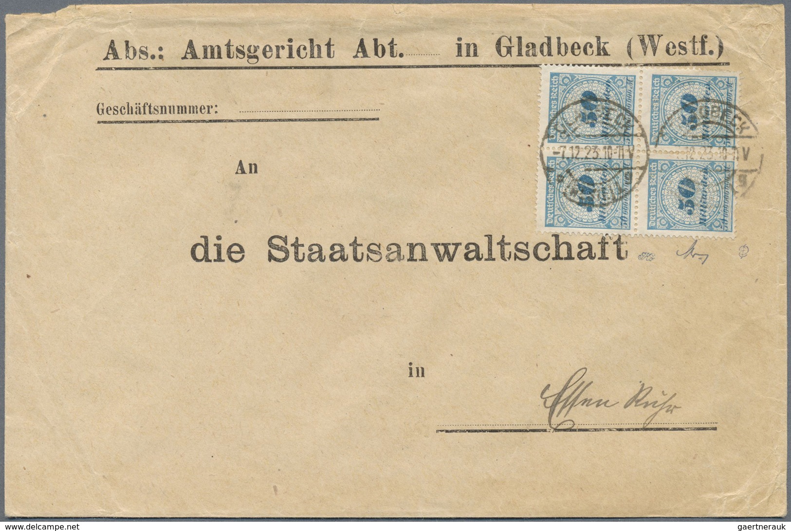Br Deutsches Reich - Inflation: 1923, 50 Mrd. Im 4er-Block Auf Dienst-Bedarfsbrief V. Amtsgericht Gladb - Lettres & Documents