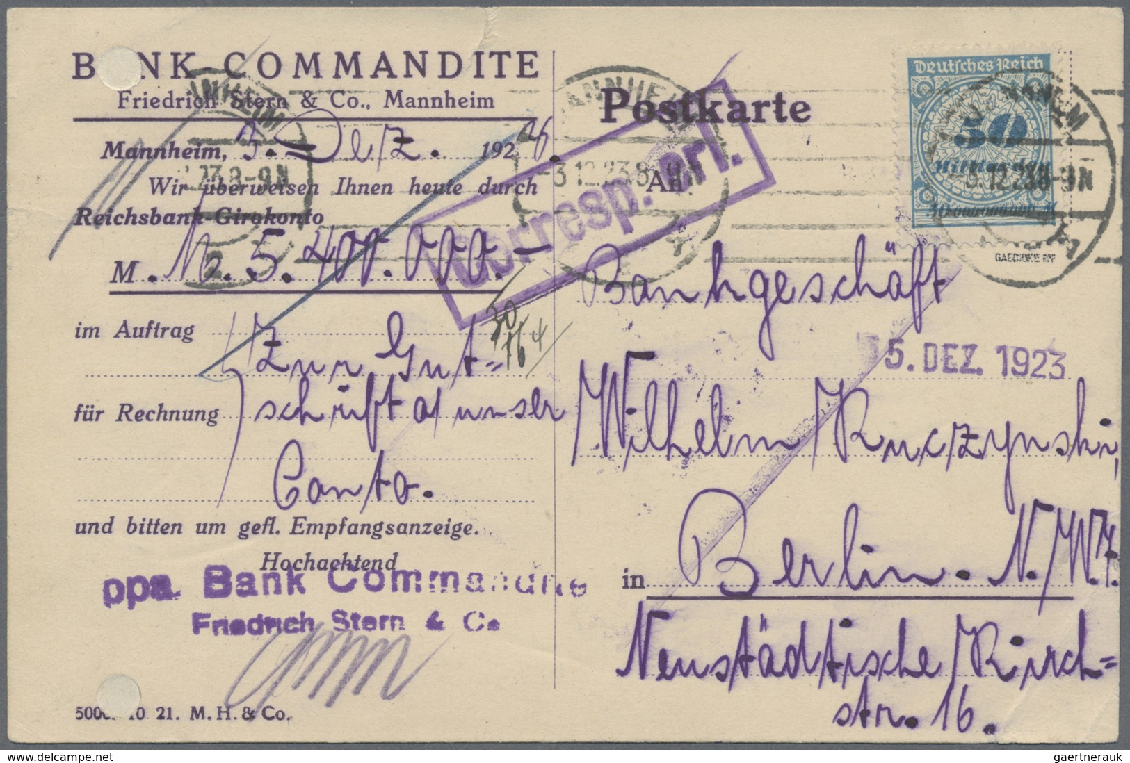 Br Deutsches Reich - Inflation: 1923, 50 Mrd. Als Einzelfrankatur Auf Bank-Postkarte Von Mannheim Nach - Lettres & Documents