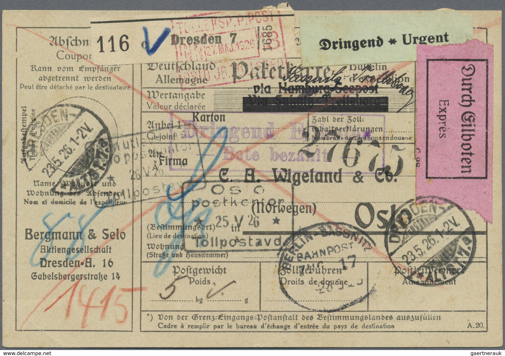 Br Deutsches Reich - Weimar: 1926: DRESDEN 7 / 23.5.26, Paketkarte Für Ein Paket "Eilboten" Und "dringe - Neufs