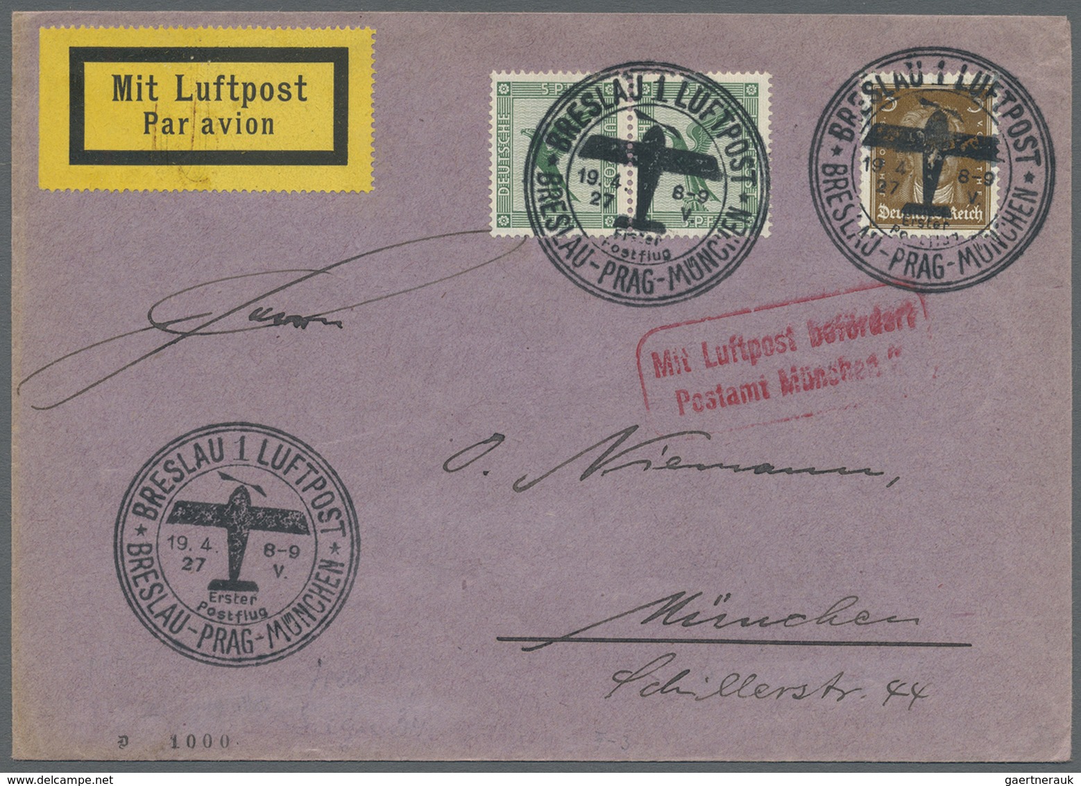 Br Deutsches Reich - Weimar: 1927 (19.4.), Flugpostbrief Mit 3 Pf. Goethe Und 5 Pf. Flugpostmarke Im Wa - Ungebraucht