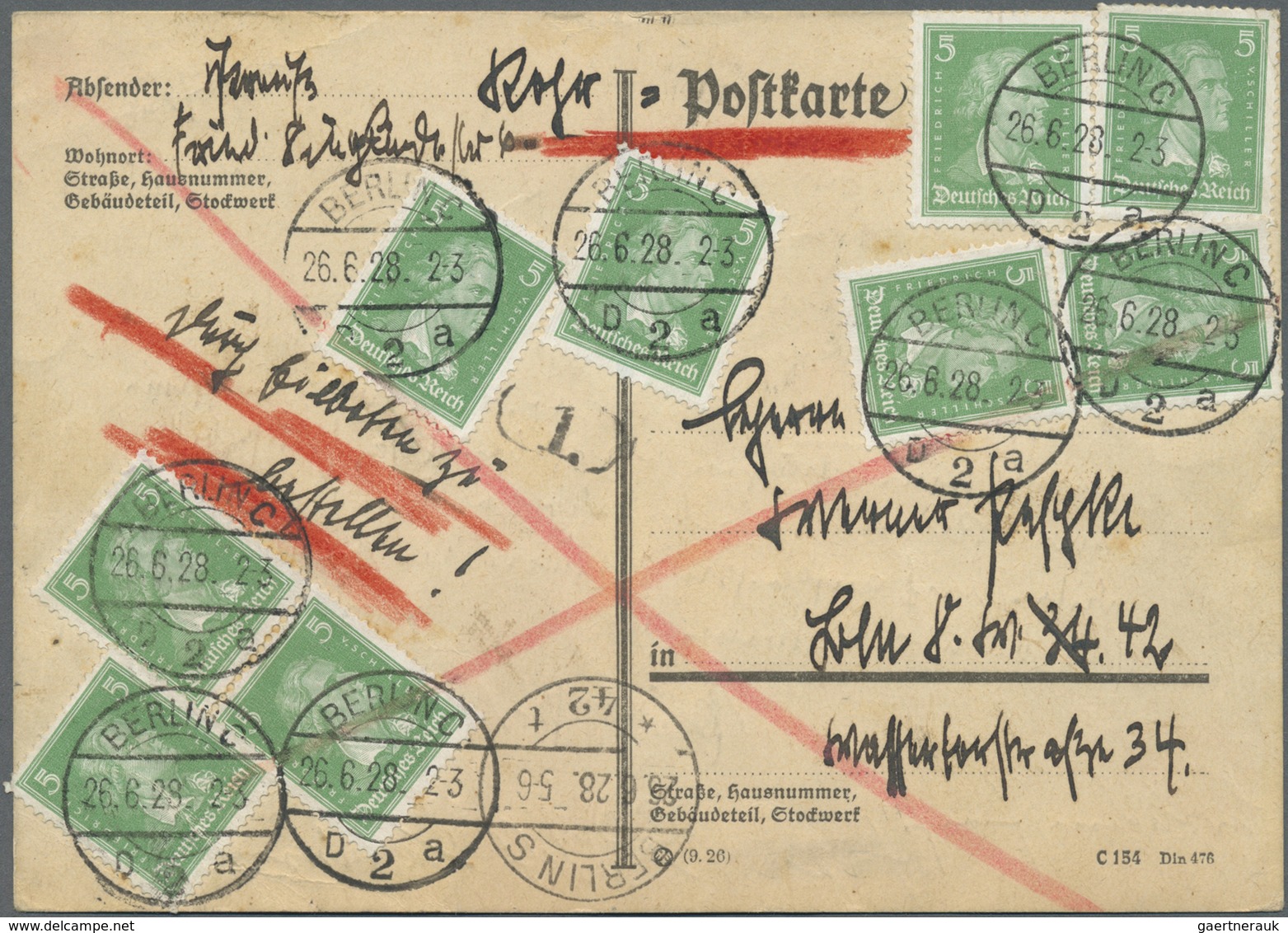 Br Deutsches Reich - Weimar: 1927, 5 Pf Gelbl'grün Schiller, 9 Stück Als Portogerechte MeF Auf Rohrpost - Nuovi