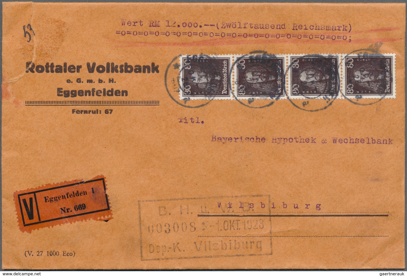 Br Deutsches Reich - Weimar: 1926, 80 Pf Dürer, Senkr. 4er-Streifen Als Portogerechte MeF Auf Bank-Wert - Nuovi