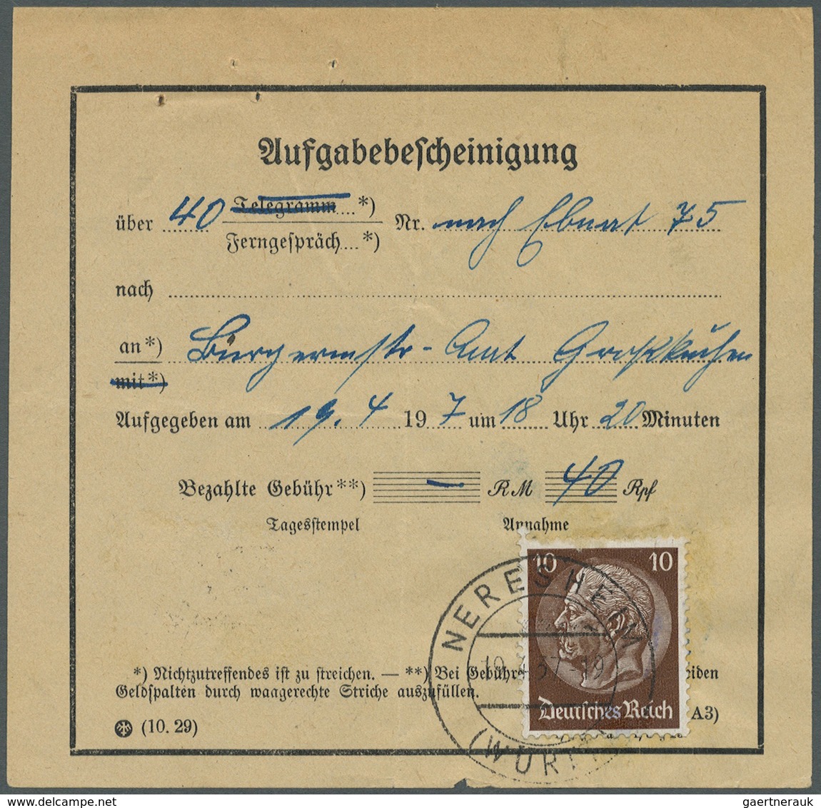 Br Deutsches Reich - 3. Reich: 1933, 10 Pfg. Hindenburg, Jeweils 1 Einzelwert Auf 2 Aufgabebescheinigun - Neufs