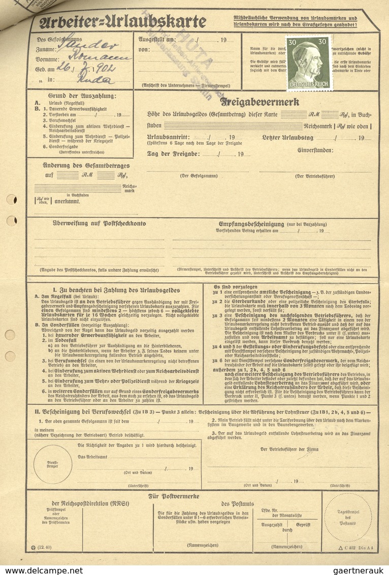 Br Deutsches Reich - 3. Reich: 1940/1942, sechs Arbeiter-Urlausbkarten eines Arbeiters bei er HUTA in S