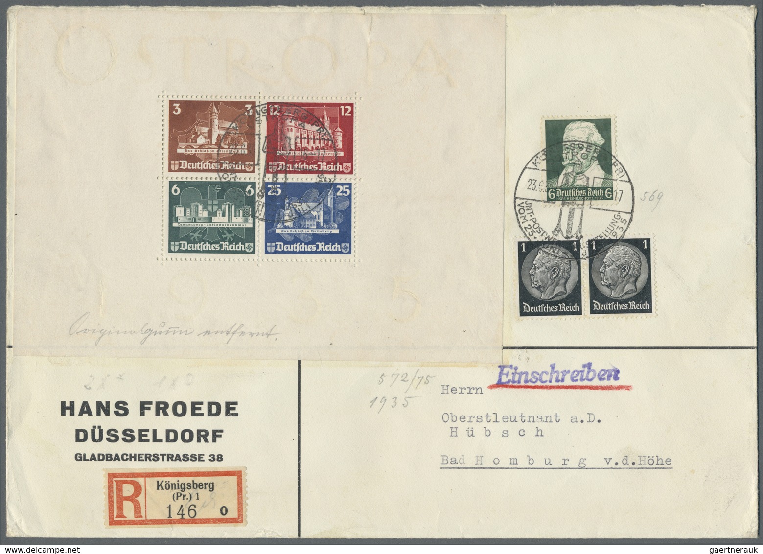 Br Deutsches Reich - 3. Reich: 1935, OSTROPA-Block Mit ERSTTAGSSONDERSTEMPEL Auf R-Brief Mit Zusatzfran - Neufs