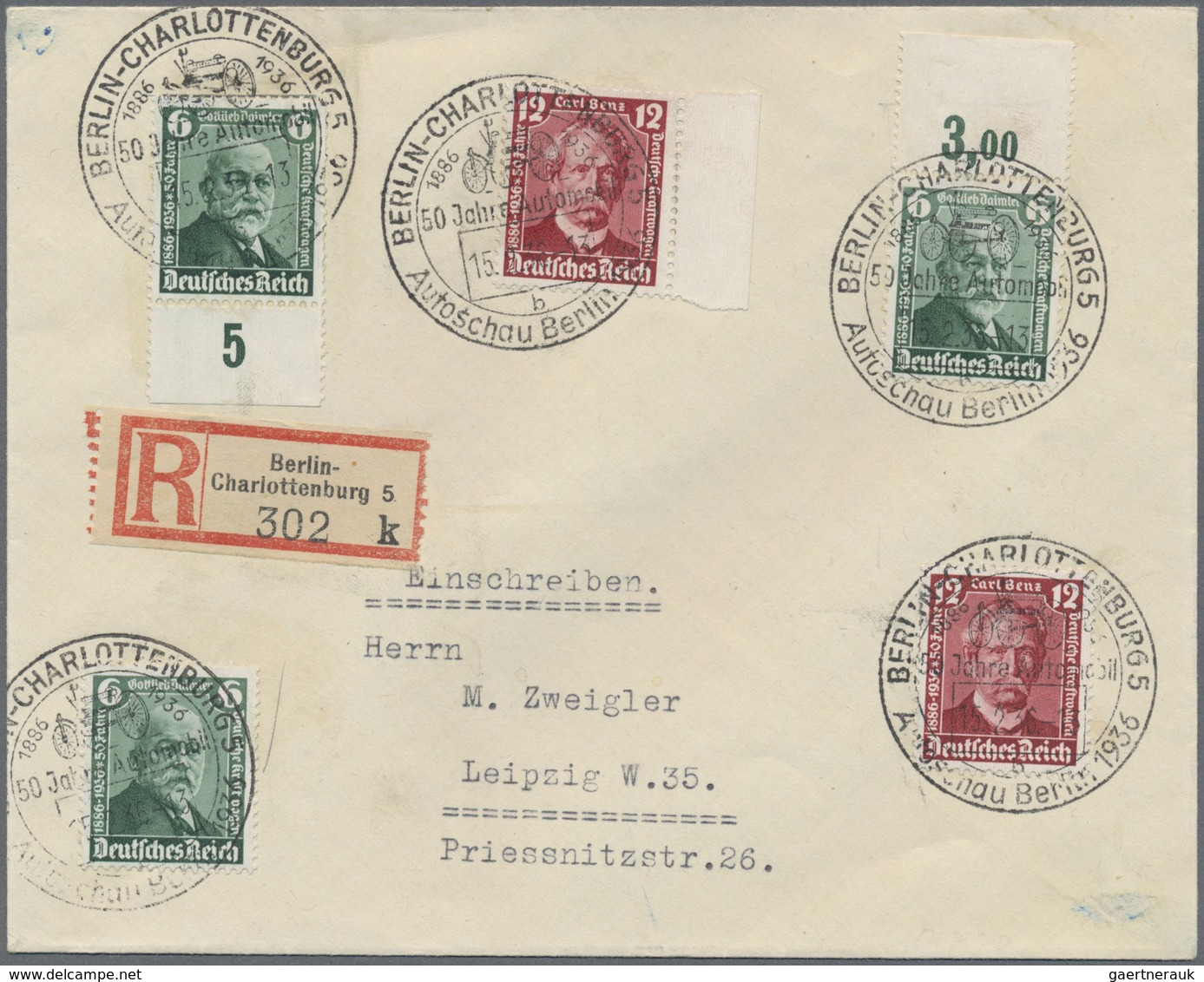 Deutsches Reich - 3. Reich: 1936, 50 Jahre Automobil, 3 X 6 Pf U. 2 X 12 Pf, Portogerechter Einschre - Neufs