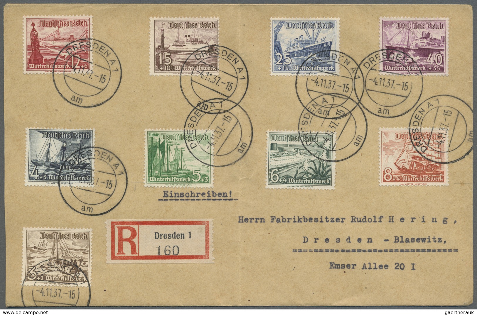 Deutsches Reich - 3. Reich: 1937, WHW Schiffe, Kompletter Satz Auf (gefaltetem) R-FDC Von "DRESDEN 4 - Neufs