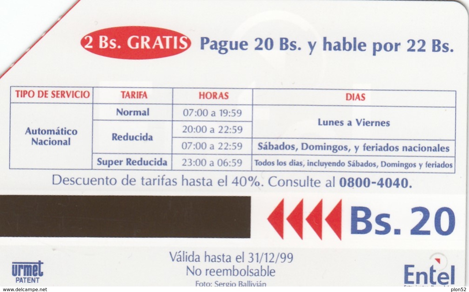 11546- N°. 5 TARJETA TELEFONICA BOLIVIA - USATE - Bolivien