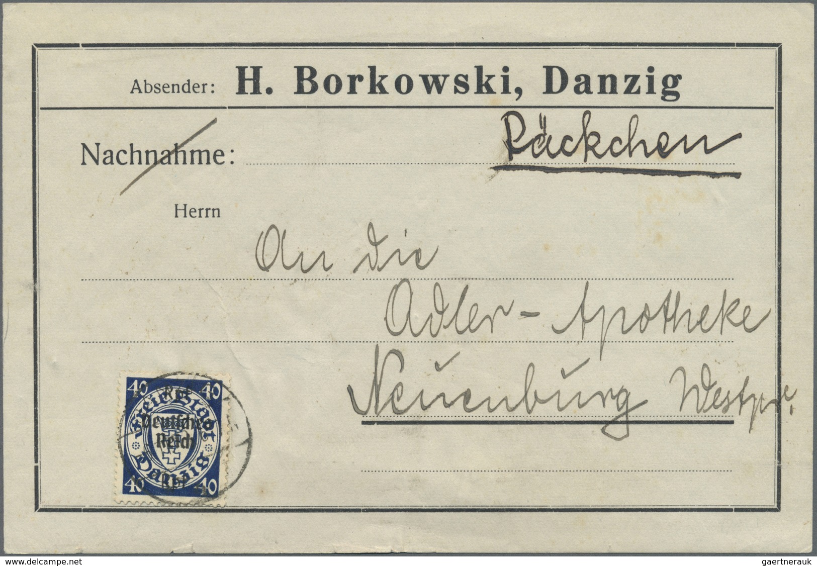 Br Deutsches Reich - 3. Reich: 1939, 40 Pf Dkl'violettultramarin Danzig-Abschied, Portogerechte EF Auf - Neufs