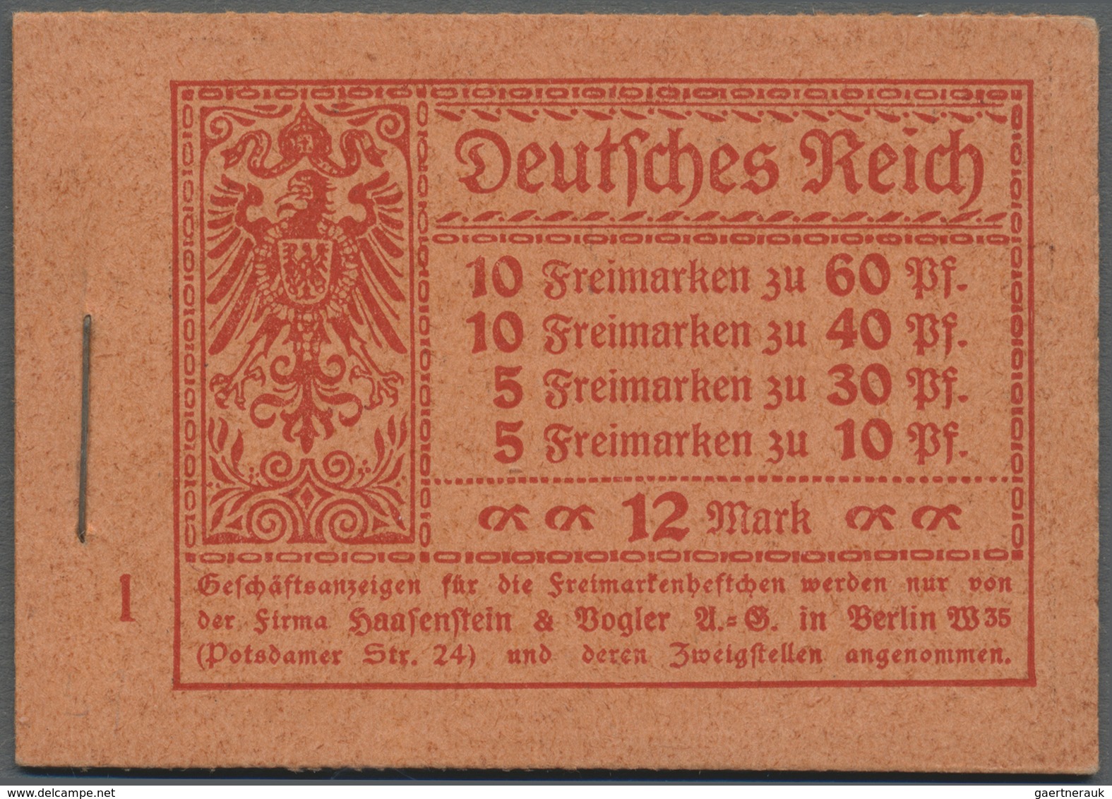 ** Deutsches Reich - Markenheftchen: 1921, 12 M. Germania-Heftchen Mit ONr. 1, Heftchen-Rand Dgz., Post - Libretti