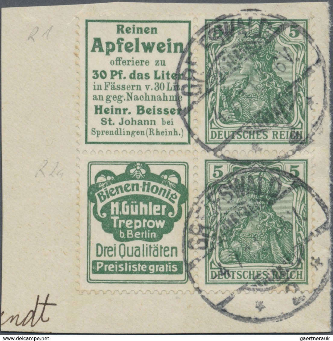 O Deutsches Reich - Zusammendrucke: 1911, Reklame "Reinen Apfelwein" + 5 Pfg. Germania Und Reklame "Bi - Se-Tenant