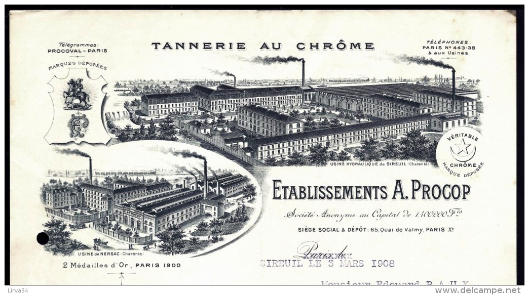 FACTURE OU LETTRE ANCIENNE DE PARIS- 1908- TANERIE AU CHROME-TRES BELLE ILLUSTRATION- 2 USINES- 2 SCANS- - Textile & Vestimentaire