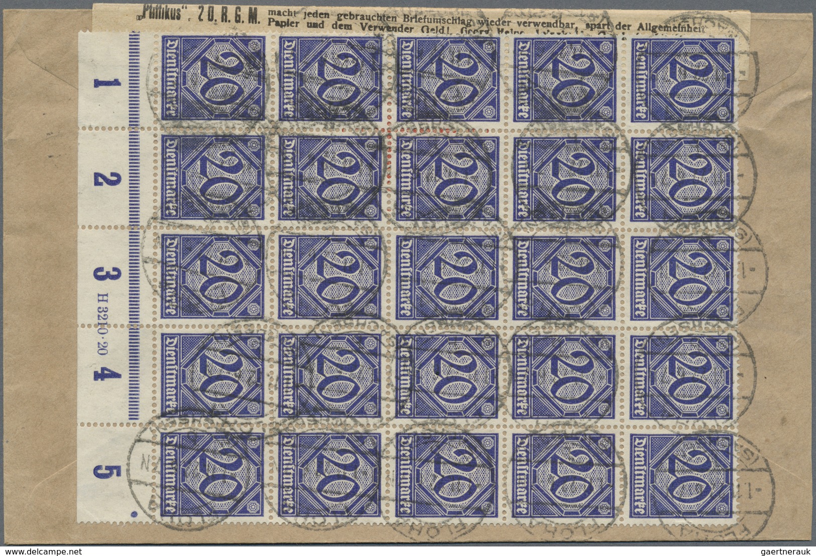 Br Deutsches Reich - Dienstmarken: 1920, 20 Pf Violettblau, 30 Stück Incl. 25er-Block Mit Bogenrand Und - Servizio