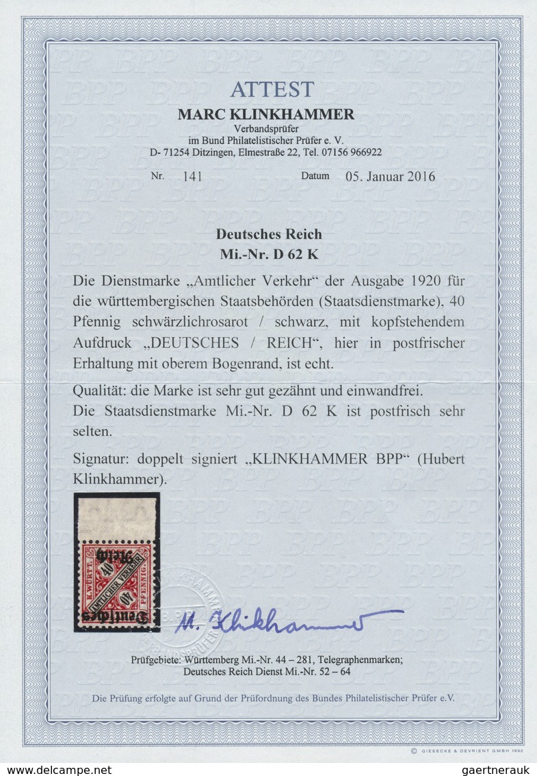 ** Deutsches Reich - Dienstmarken: 1920, 40 Pfg. Württemberg "Amtlicher Verkehr" Mit Kopfstehendem Aufd - Servizio