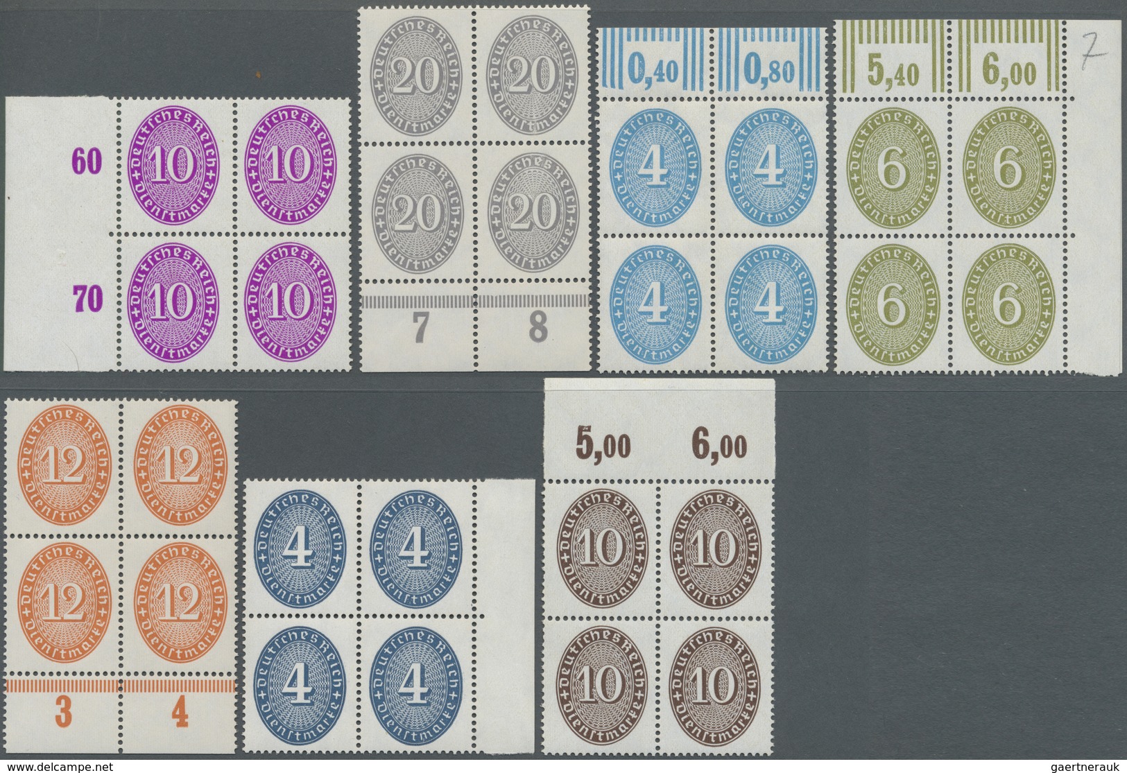 ** Deutsches Reich - Dienstmarken: 1927/1933, 3 Pf Ocker Bis 10 Pf Siena (ohne 120/22) Je Im 4er-Block - Dienstmarken