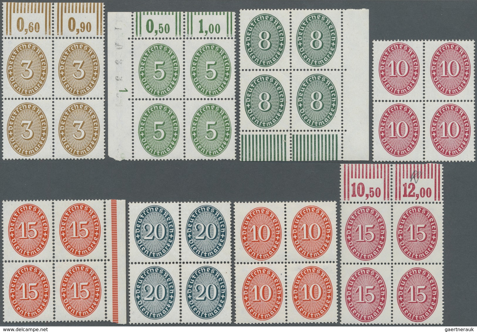 ** Deutsches Reich - Dienstmarken: 1927/1933, 3 Pf Ocker Bis 10 Pf Siena (ohne 120/22) Je Im 4er-Block - Servizio