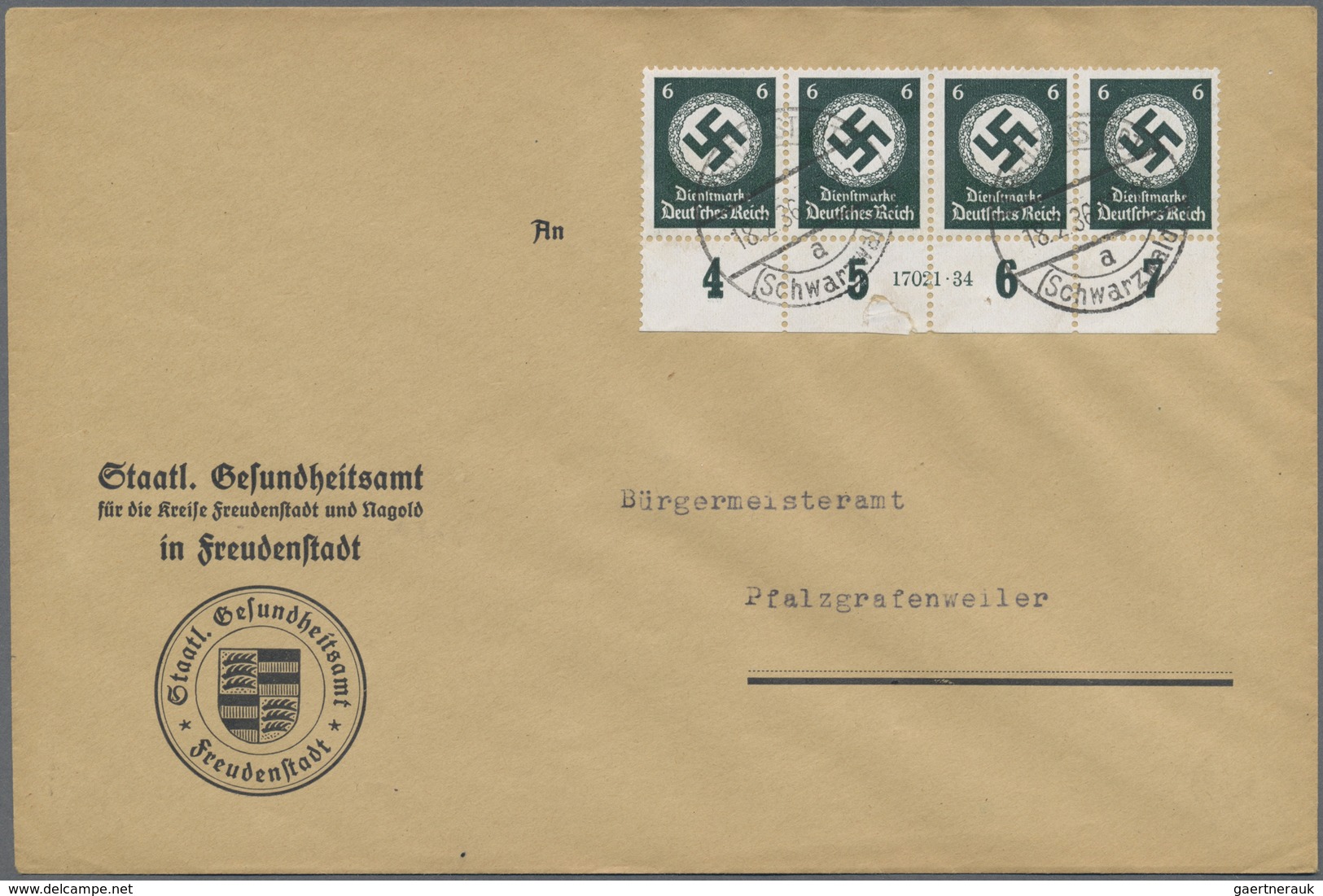 Br Deutsches Reich - Dienstmarken: 1934, 6 Pf Schwarzgrün, Waager. 4er-Streifen Vom Unterrand Mit HAN 1 - Dienstmarken