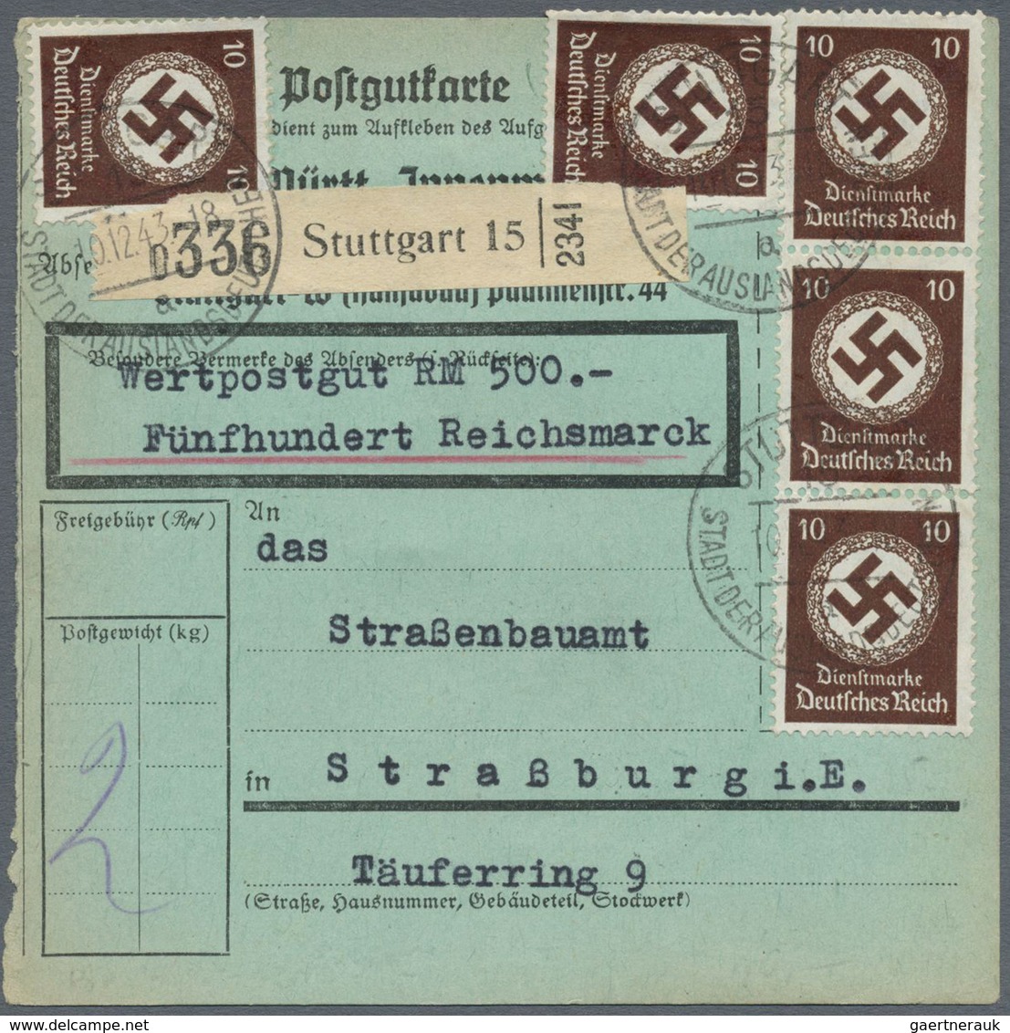 Br Deutsches Reich - Dienstmarken: 1934, 10 Pf Dkl'rötlichbraun, 5 Stück Als Portogerechte MeF Auf Wert - Dienstmarken