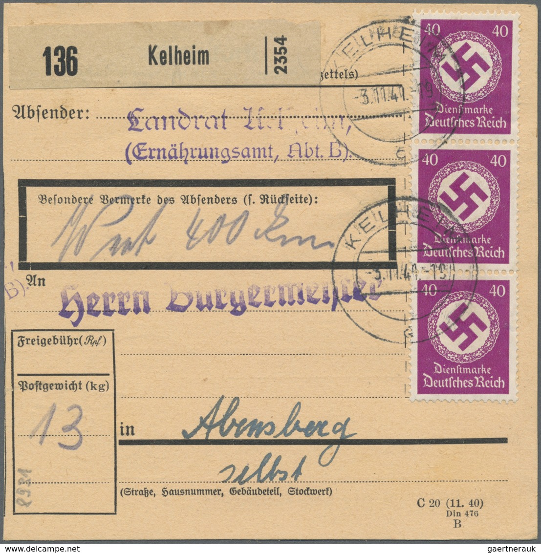 Br Deutsches Reich - Dienstmarken: 1934, 40 Pf Dunkellila, Partie Mit 3 Versch. Paketkarten, Dabei Einz - Dienstmarken