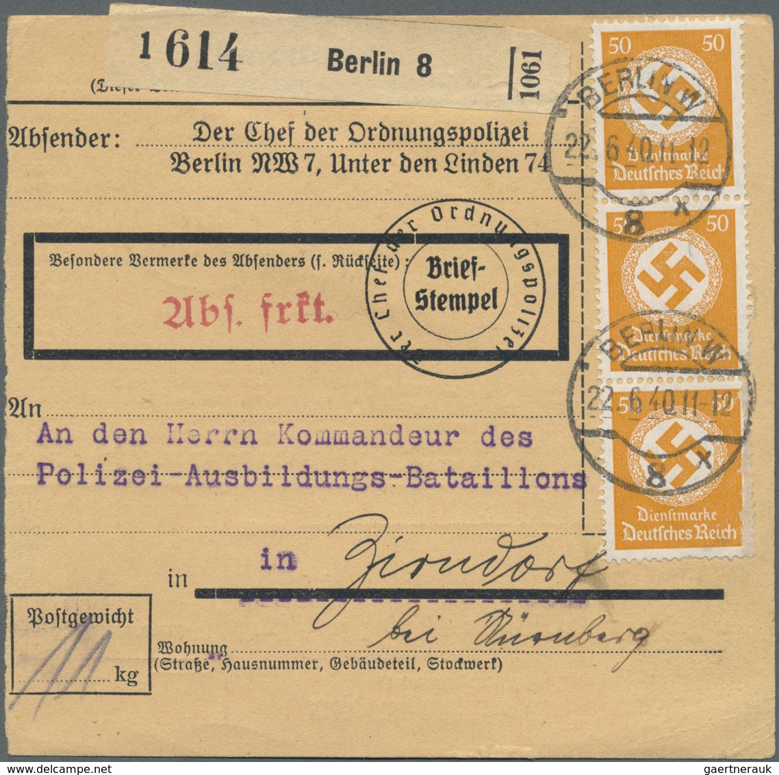 Br Deutsches Reich - Dienstmarken: 1934, 50 Pf Dkl'gelborange, 5 Stück Als MeF Auf Paketkarte Vom Chef - Dienstmarken