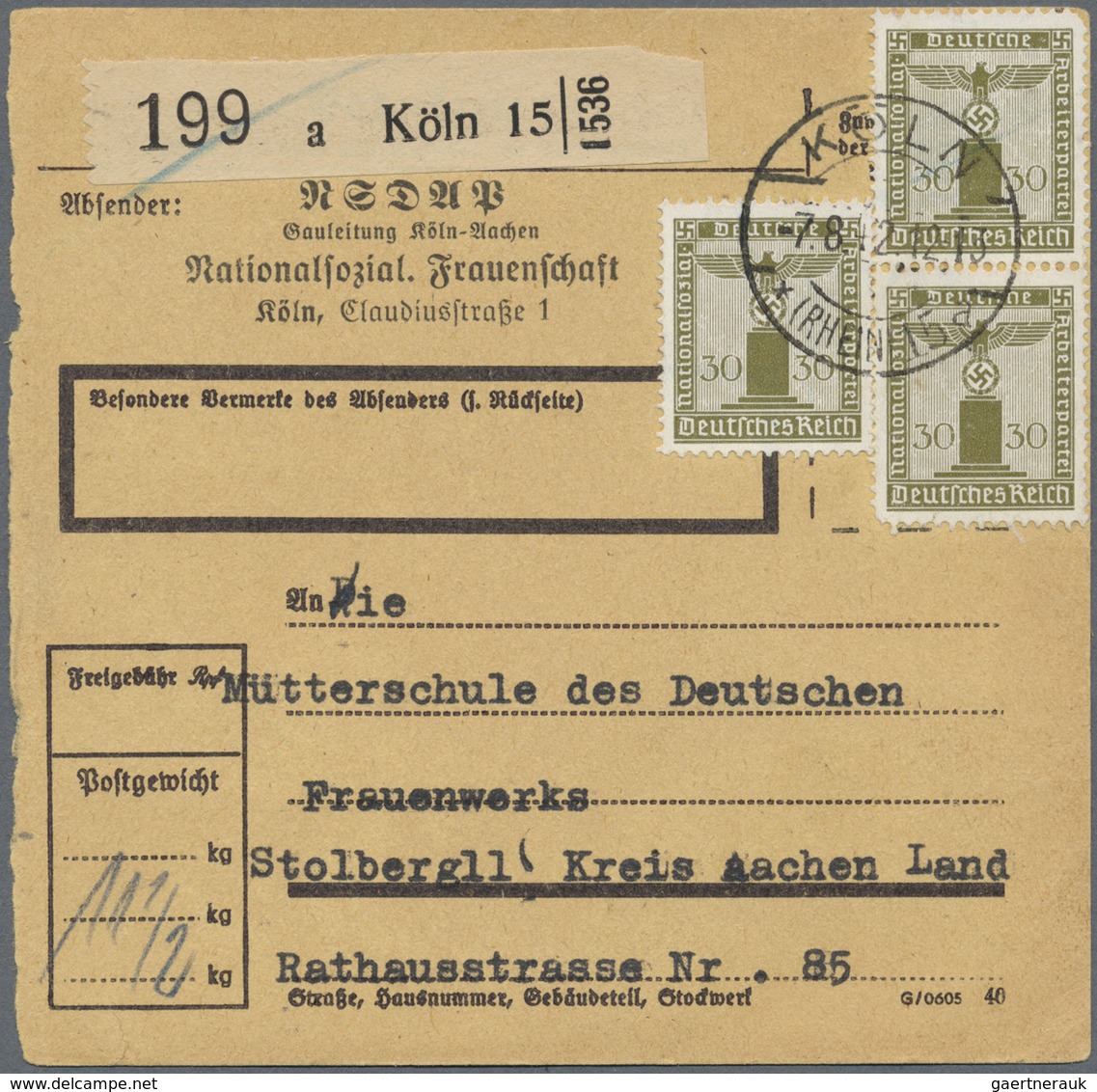 Br Deutsches Reich - Dienstmarken: 1938, 30 Pf Dkl'braunoliv, 3 Stück Als Portogerechte MeF Auf Paketka - Service