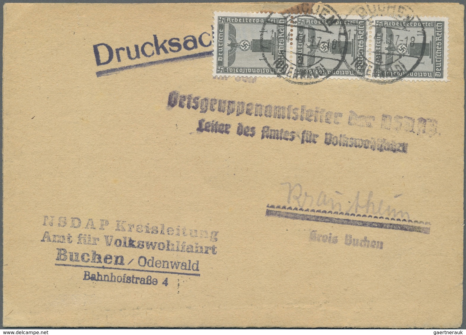 Br Deutsches Reich - Dienstmarken: 1942, 3 X 1 Pf Schwarzgrüngrau Parteidienstmarke, Portogerechte MeF - Dienstmarken