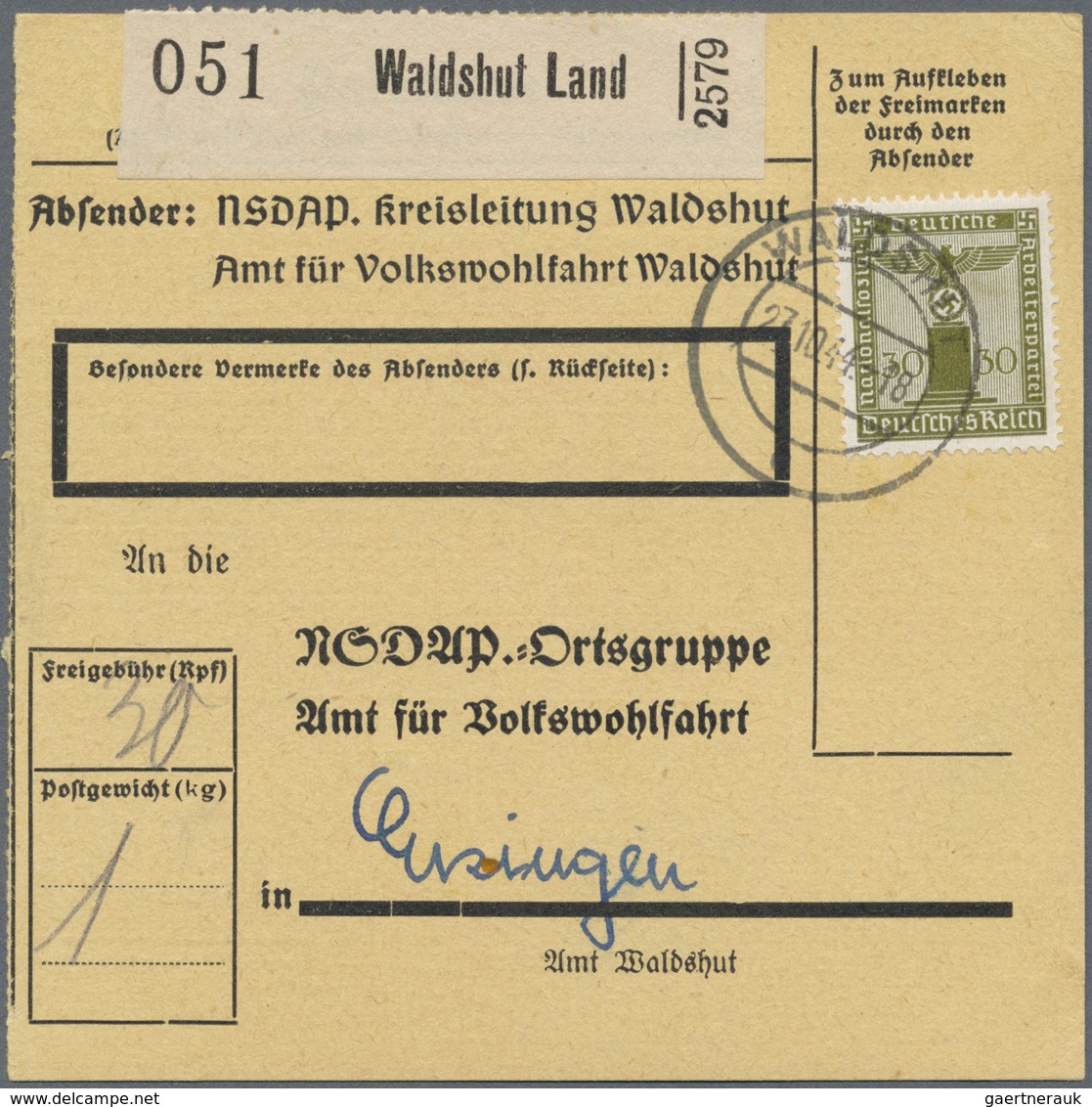 Br Deutsches Reich - Dienstmarken: 1938, 30 Pf Dunkeloliv, Portogerechte EF Auf Paketkarte Von Der NSDA - Dienstmarken