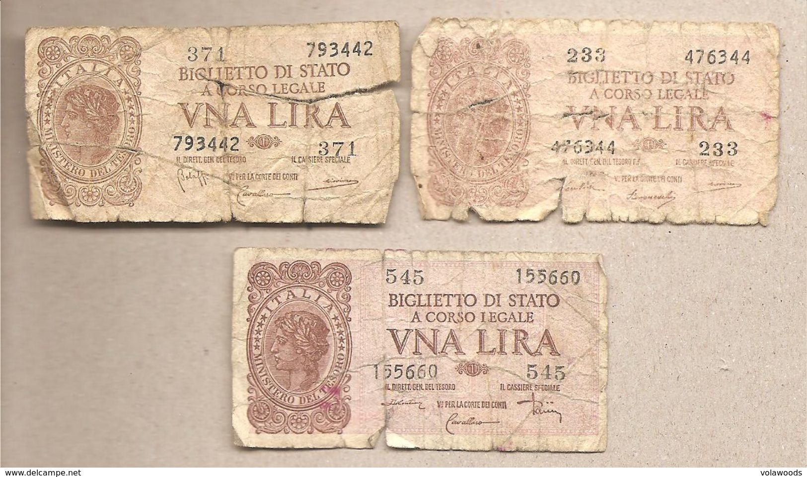 Italia - Banconote Circolate Da 1 Lira "Italia Laureata" Tutti E Tre I Decreti - 1944 - Collezioni