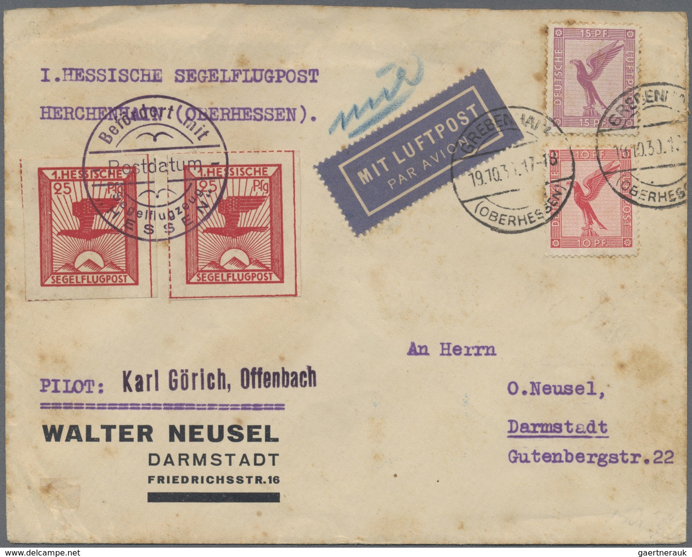 Br Deutsches Reich - Halbamtliche Flugmarken: 1930, 25 Pfg Rosa 2x "Hessische Segelflugpost" Auf Lp-Bri - Poste Aérienne & Zeppelin