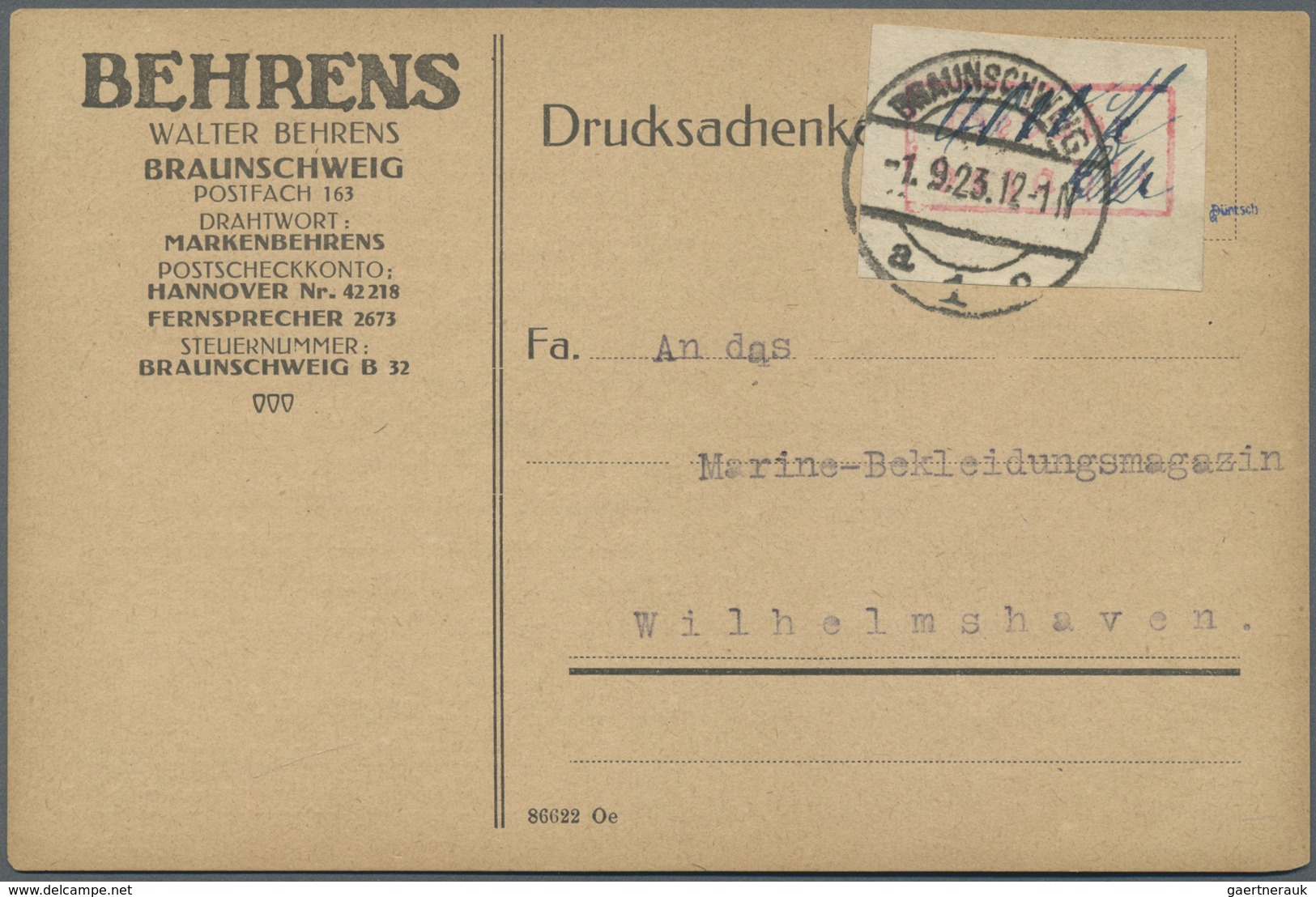 Br Deutsches Reich - Lokalausgaben 1918/23: BRAUNSCHWEIG: 1923, Gebührenzettel Mit Rotem Ra2 "Gebühr Be - Storia Postale