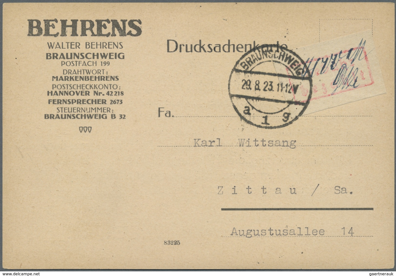 Br Deutsches Reich - Lokalausgaben 1918/23: BRAUNSCHWEIG: 1923, Gebührenzettel Geschnitten Mit Rotem Ra - Storia Postale