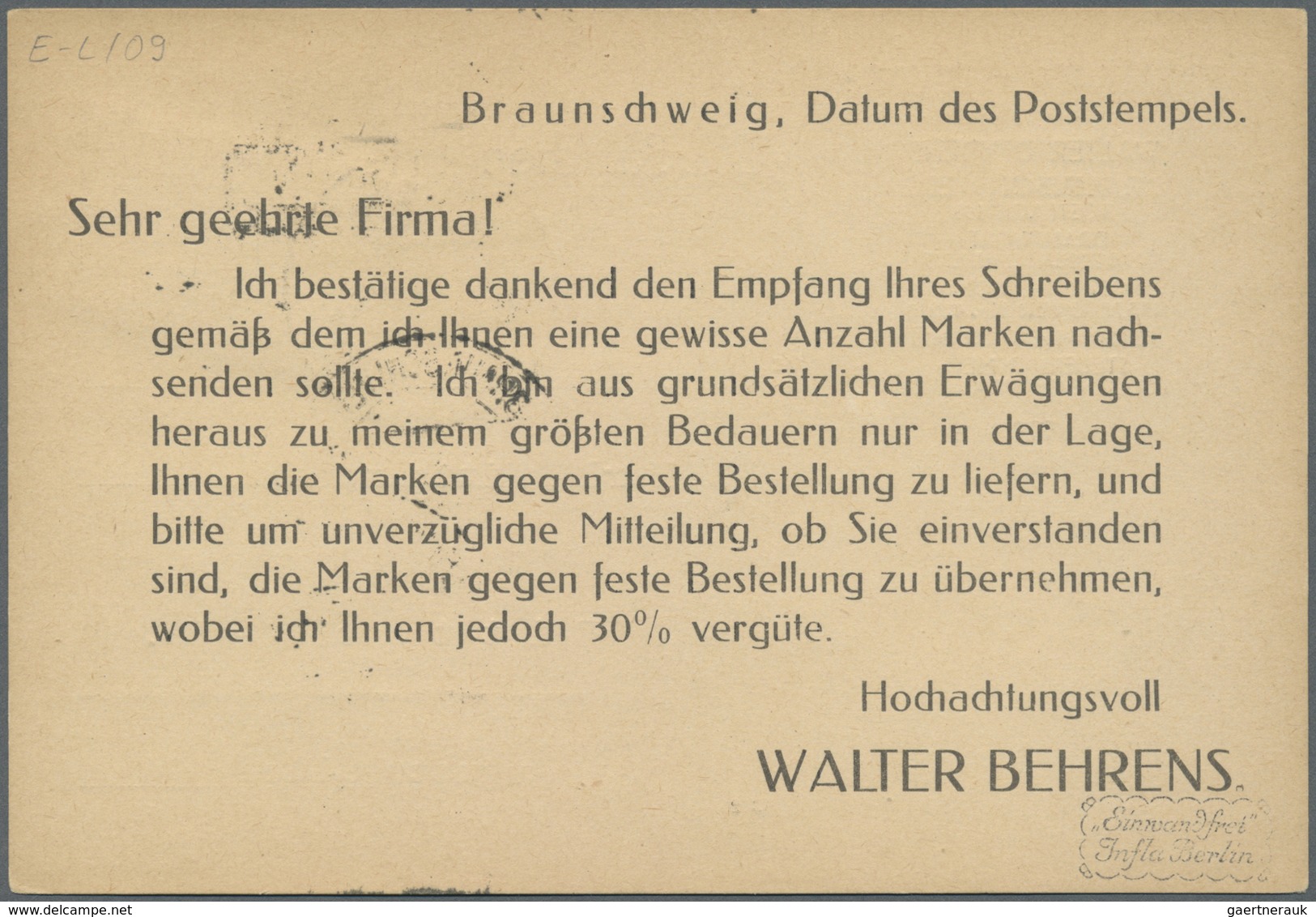 Br Deutsches Reich - Lokalausgaben 1918/23: BRAUNSCHWEIG: 1923, Gebührenzettel Geschnitten Mit Rotem Ra - Storia Postale