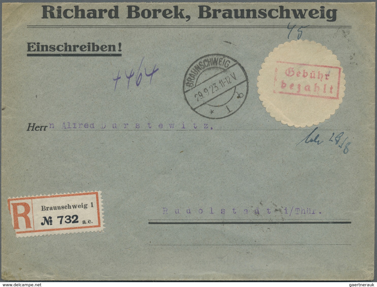 Br Deutsches Reich - Lokalausgaben 1918/23: BRAUNSCHWEIG 1: 1923, Gebührenzettel-Oblate Mit Rotem Ra2 " - Storia Postale