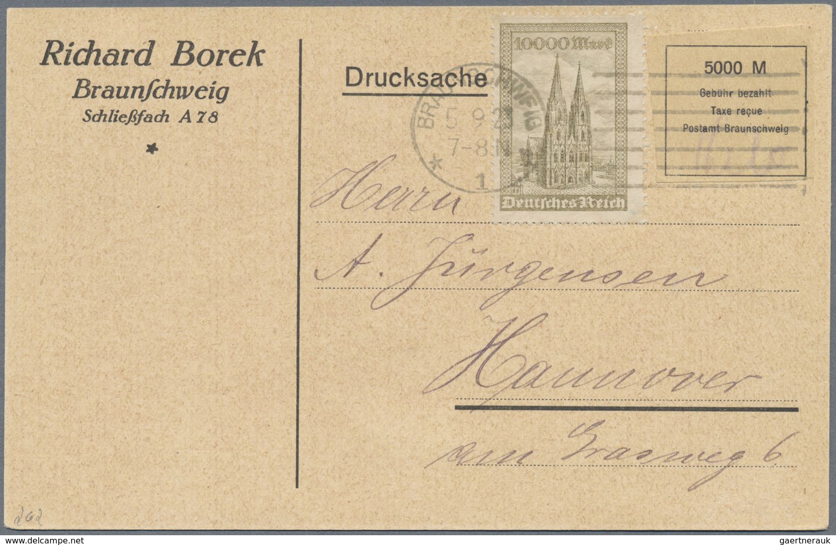 Br Deutsches Reich - Lokalausgaben 1918/23: 1923, Braunschweig: Karte Mit Gebührenzettel Der Firma Bore - Briefe U. Dokumente