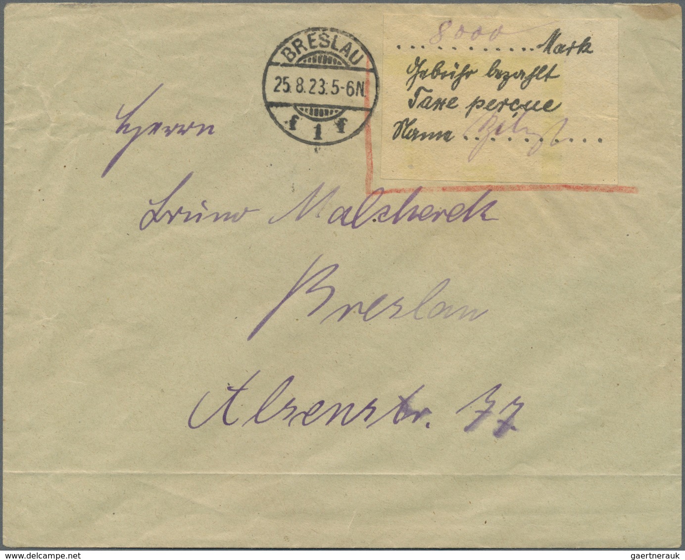 Br Deutsches Reich - Lokalausgaben 1918/23: BRESLAU 1: 1923, Gebührenzettel Auf Weißem Papier "... Mark - Storia Postale