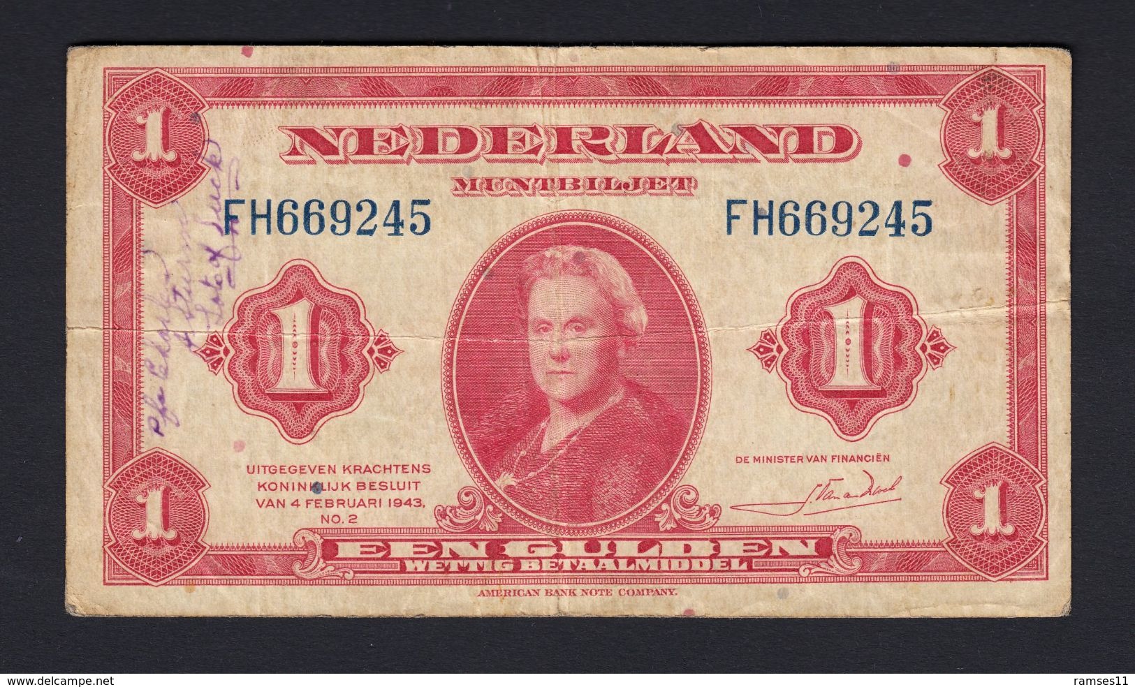 NIEDERLANDE - NETHERLANDS - 1 Gulden 1943 - 1  Florín Holandés (gulden)