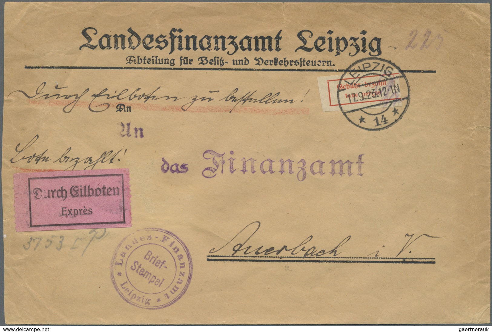 Br Deutsches Reich - Lokalausgaben 1918/23: LEIPZIG (OPD BEZIRK): 1923, Gebührenzettel Ohne Rechten Ran - Storia Postale