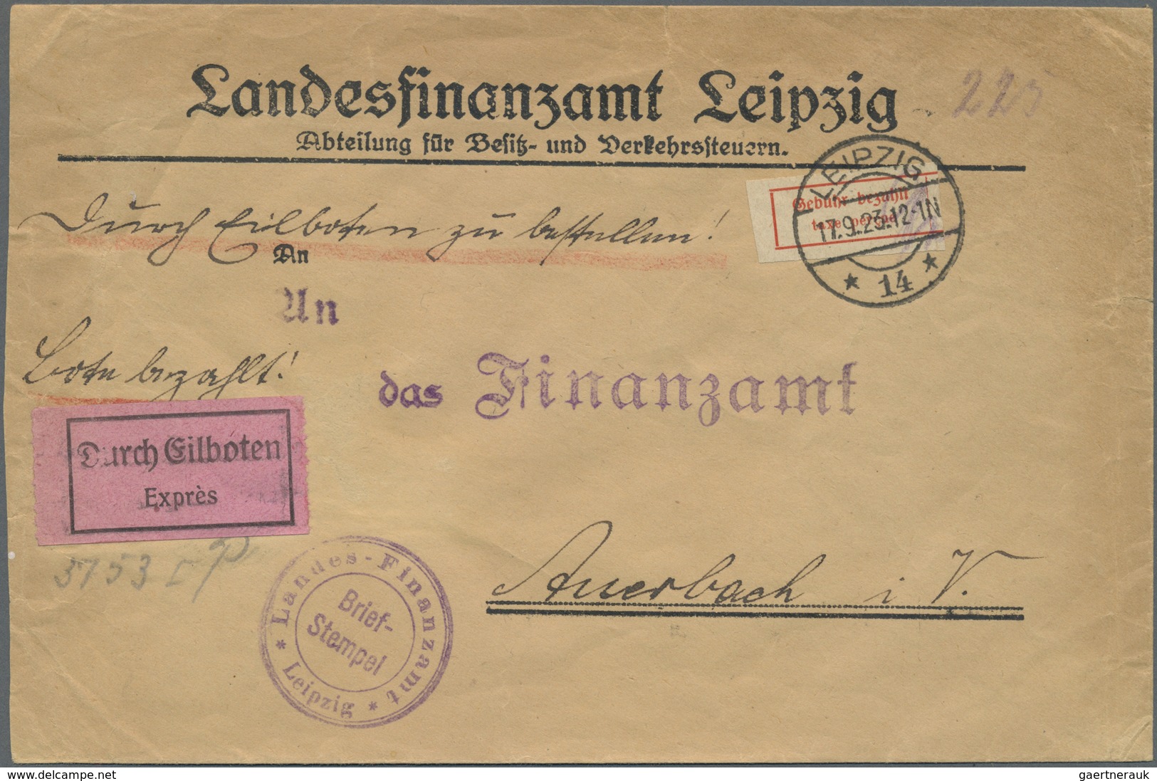 Br Deutsches Reich - Lokalausgaben 1918/23: LEIPZIG (OPD BEZIRK): 1923, Gebührenzettel Ohne Rechten Ran - Lettres & Documents